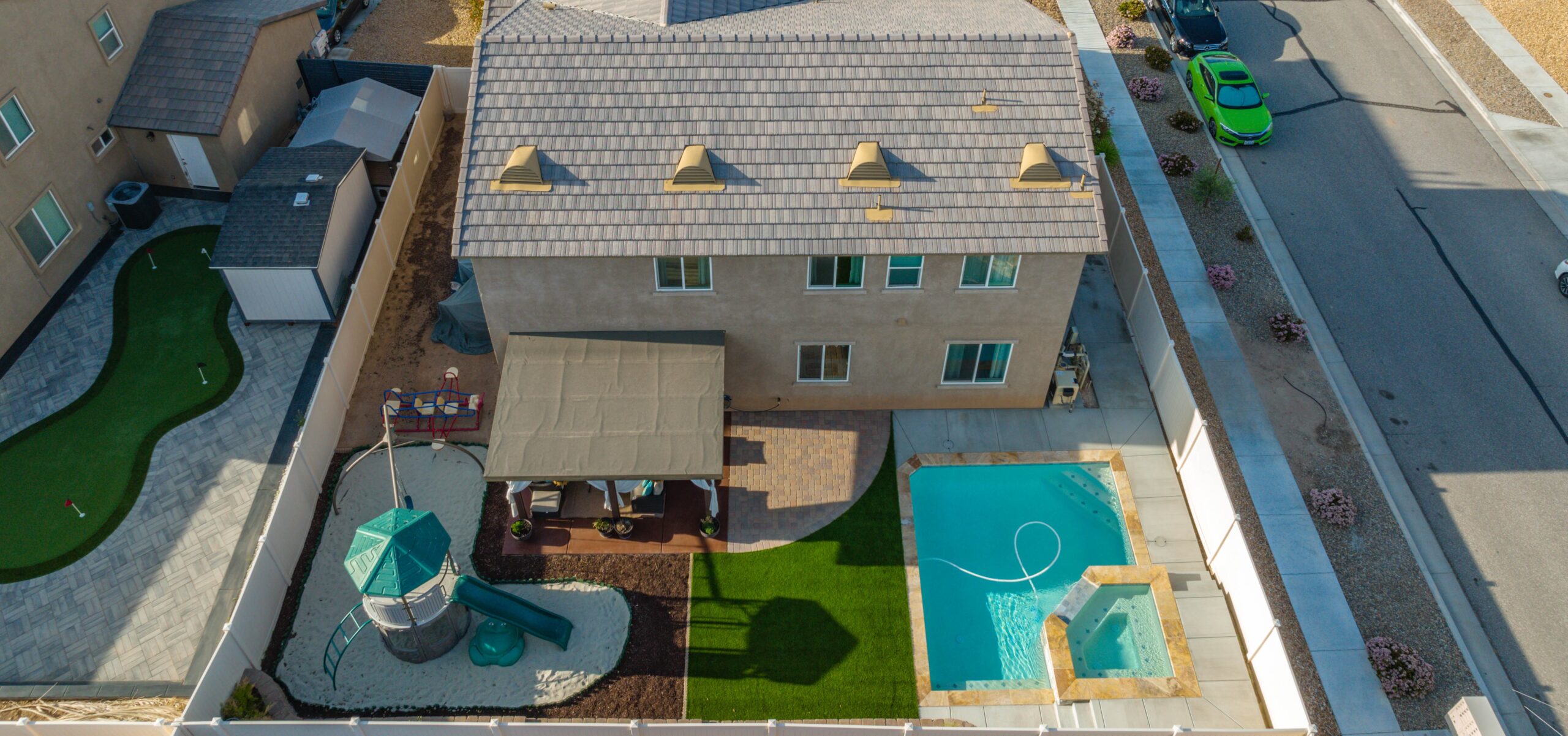 Aerial view of pool homes in Fontana, California