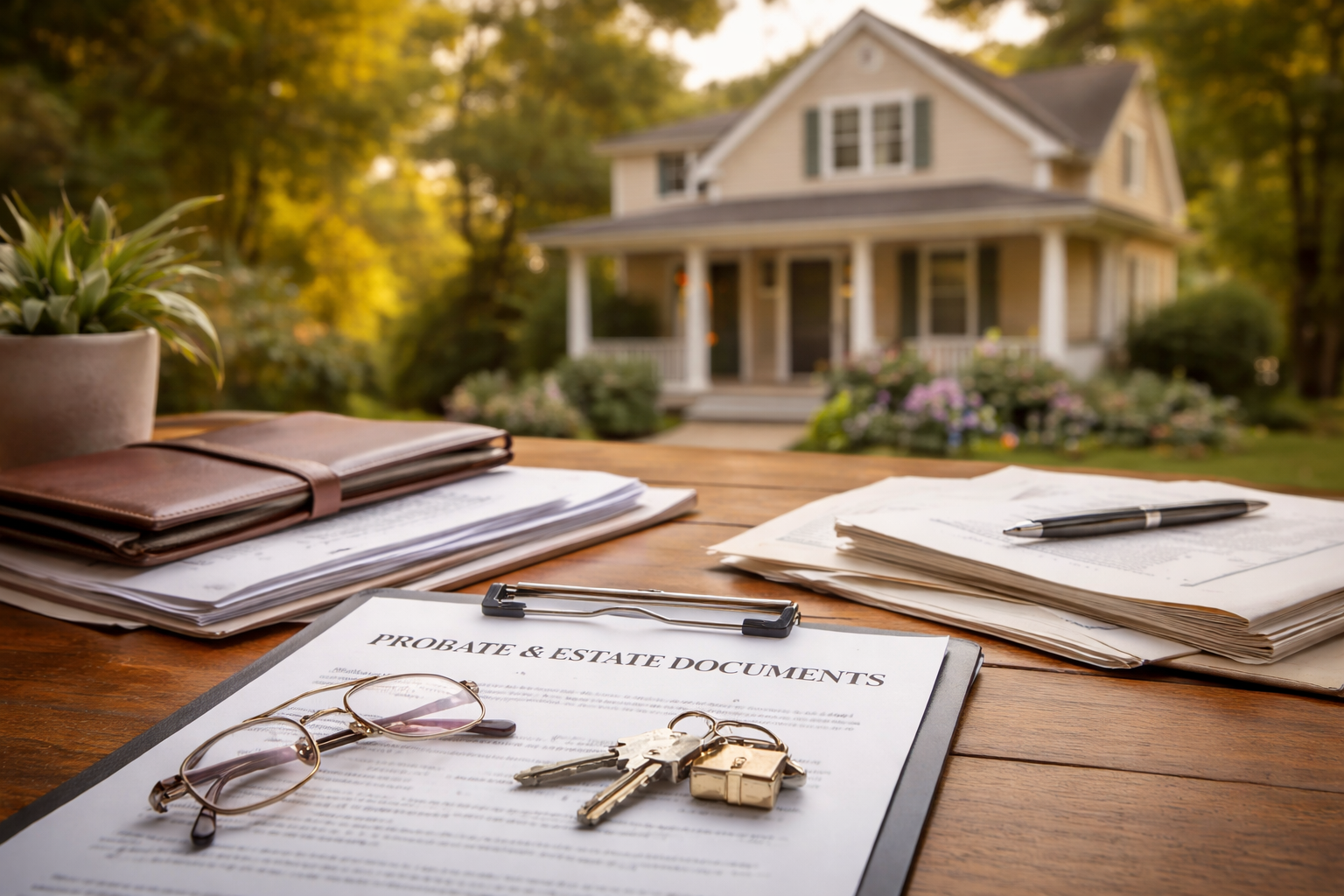 Probate and estate documents with home in background